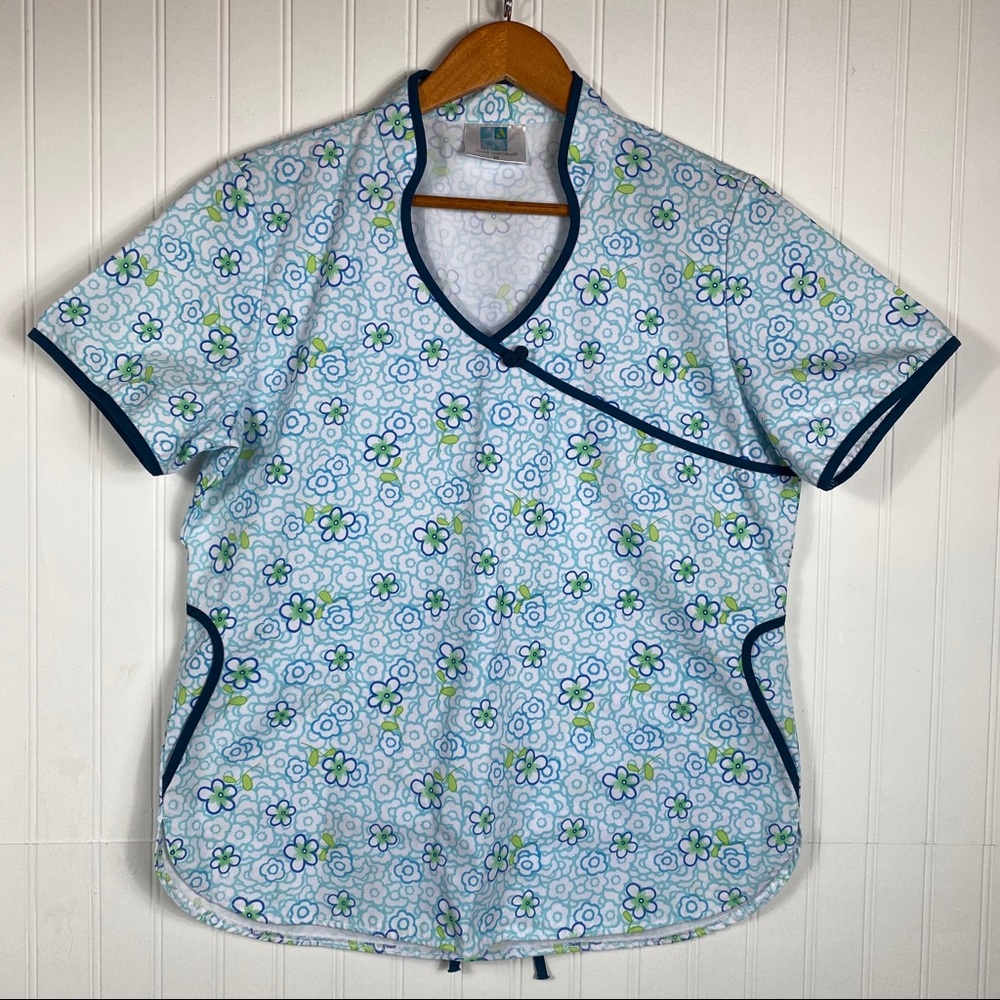 Adar uniforms blue white flower scrub top tie back